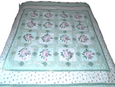 Vintage handmade quilt blanket white, pink  green with lace 78x78" NEEDS REPAIR