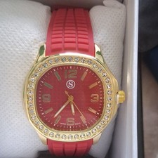 STRADA Women's Quartz Analogue Watch Red/Gold Dial Gold Gem Bezel Red Strap Box
