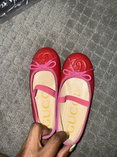 Gucci Red Pink Ballet Flats Bow Logo kids Leather Slip-On