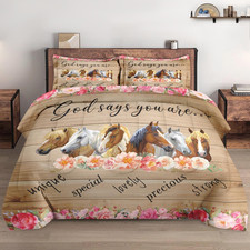 Queen Size Comforter Set with 2 Pillowcases, Colorful Horses Animal Pink Flower