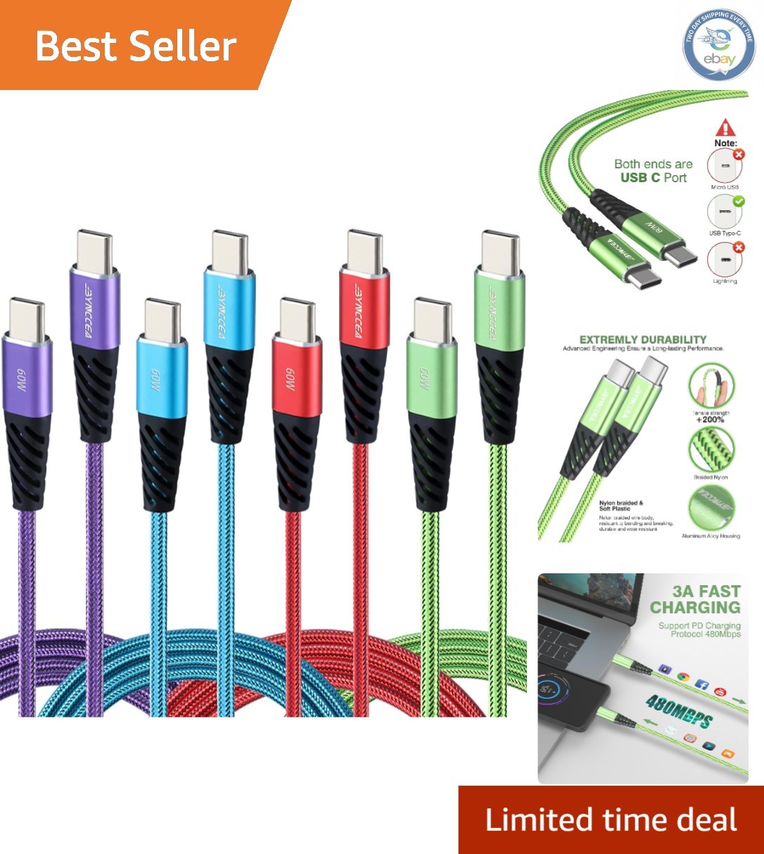 Fast Charging 4-Pack 10ft USB C Cables - Compatible with Lat
