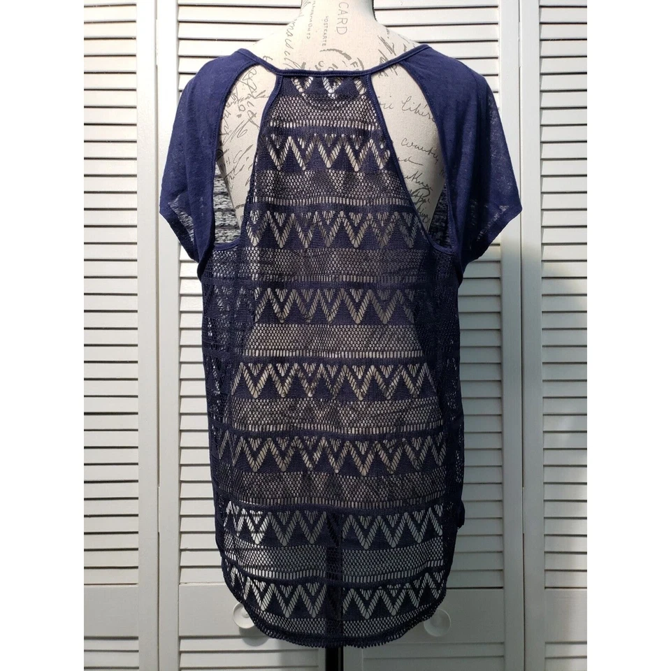 Top de lino Tresics para mujer talla grande azul marino transparente encaje trasero dobladillo alto bajo Foto 4 de 4