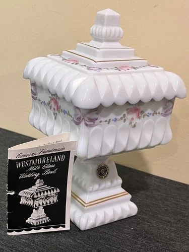 Vintage Westmoreland Milk Glass Covered Wedding Candy Dish Compote Ribbon/Bow