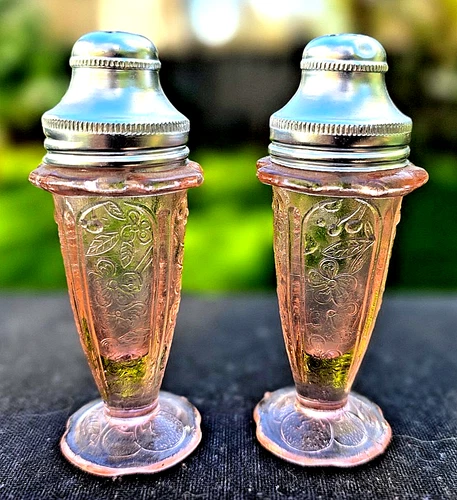 Pink Cherry Blossom Footed Salt And Pepper Shaker Set With Metal Tops