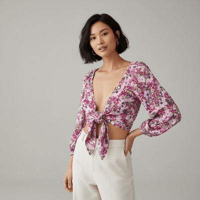 Amisu Floral Tie Front Crop Top Medium Puff Sleeve V-Neck Cottagecore Boho