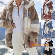 Women Autumn Winter Warm Plush Panel Zip Pocket Hooded Loose Coat