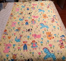Vintage Twin Baby Quilt Blanket Ruffle Trim Animals Dog Cat Bear Kangaroo 75x44