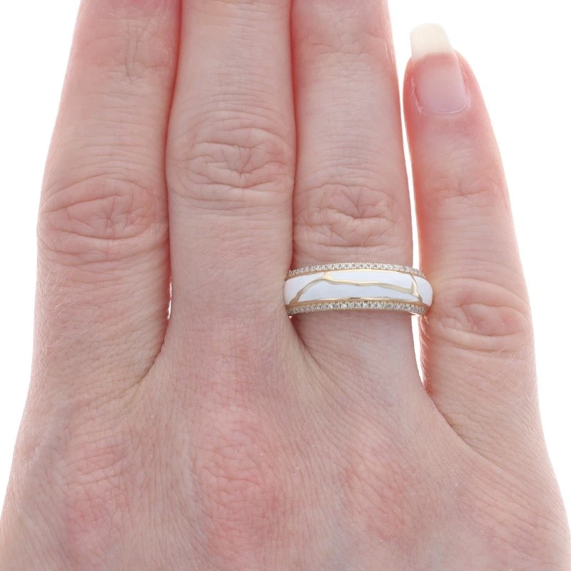 黄金钻石和珐琅戒指 - 10k 单切 0.25 克拉抽象戒指 尺寸 7 1/2 — 第 2/4 张图片