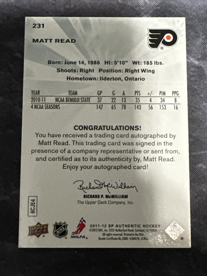 2011-12 SP Authentic Future Watch 231 Matt Read Philadelphia Flyers - Image 2 of 2