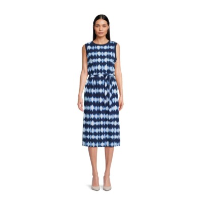 Time and Tru Women's Sleeveless Dress with Self Tie Belt, Size XL 16-18 Navy 