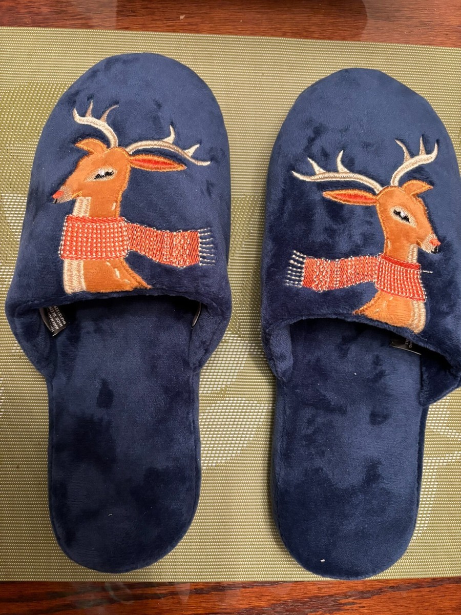 Woman's Slippers, Chatties, dark blue with a deer applique size about  in