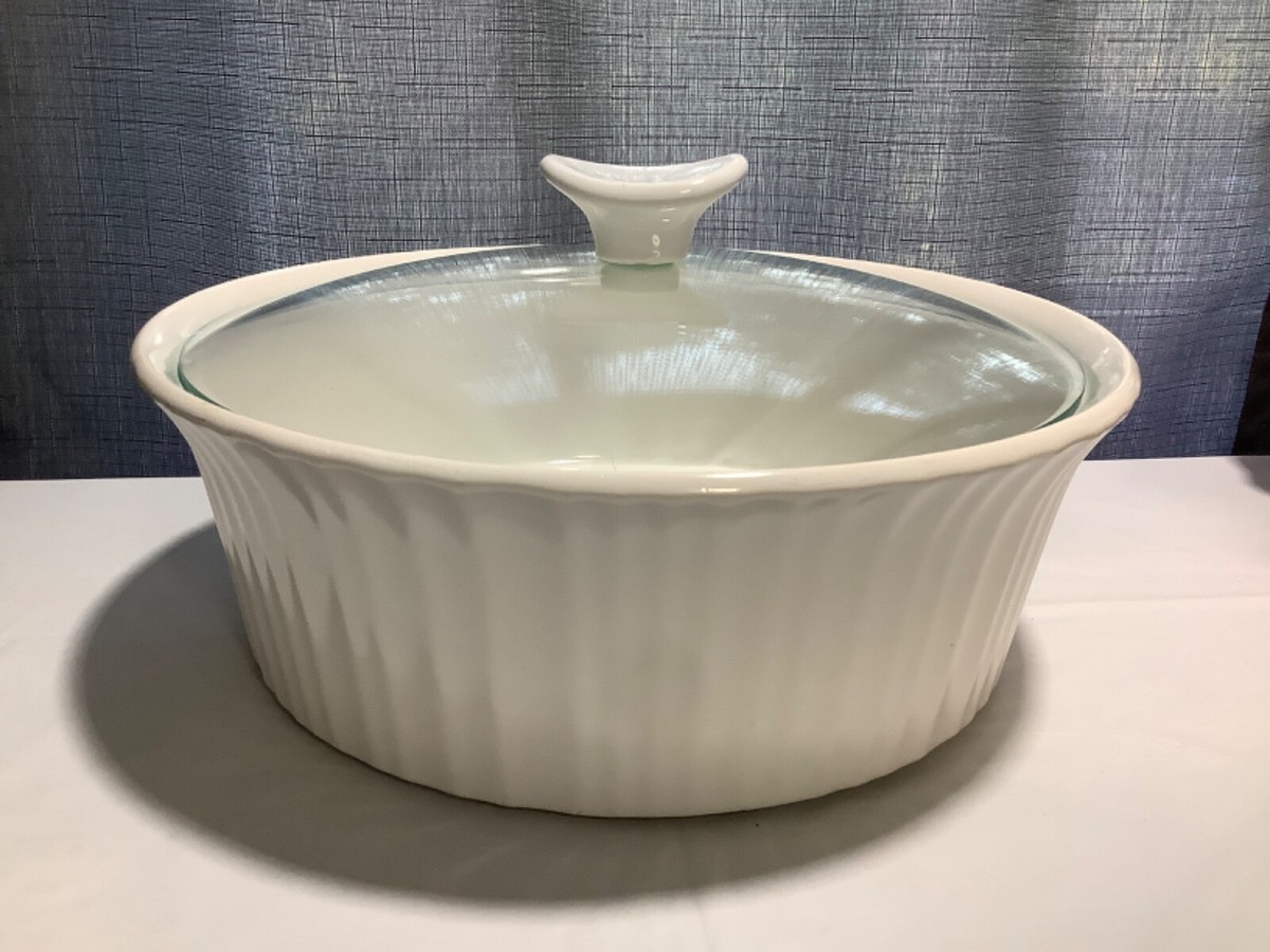Corningware French White Qt Round Ceramic Casserole Glass Cover White  Knob