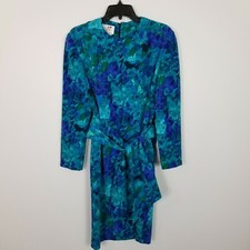Vintage CARON CHICAGO Dress With Belt ~ Blue Green Abstract Modern Art ~ Size 6