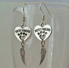 Pet Dog Cat Paw Print Love Heart 925 Sterling Silver Earrings Hook Dangle Drop