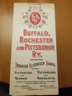 1901 Buffalo Sabes Rochester & Pittsburgh  Map Timetable Train NY Railway