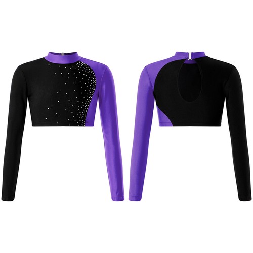 Girls Blouse Mock Neck T-shirt Shinny Crop Top Hip Hop Dance Yoga Ballet Gym - Picture 85 of 94