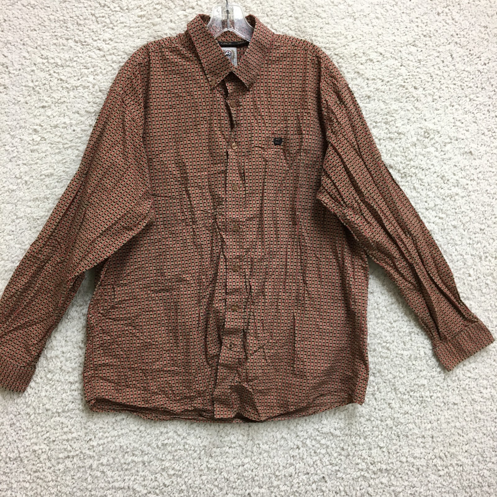 Cinch Button Down Shirt Large Adult Brown Geometric Long Sleeve Pocket Mens L