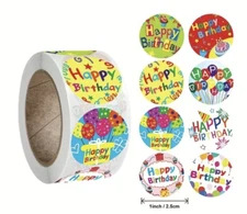 500 pcs Happy Birthday Party Celebrate Sticker Roll 1 Inch Round 8 Designs