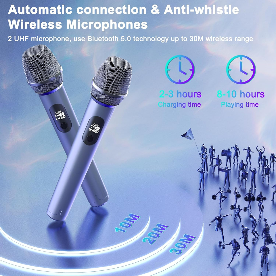 Karaoke Machine with 2 Wireless Microphones, Portable Bluetooth Speaker