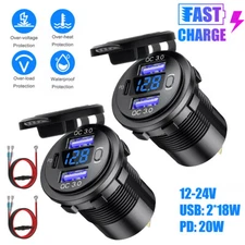 USB Car Charger Dual QC3.0 PD Port With Voltmeter Outlet Socket for 12V Boat RV