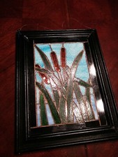 Stained Glass Cattails Vintage Frame Hanging 11" x 14.5" Very Nice Brass Edging