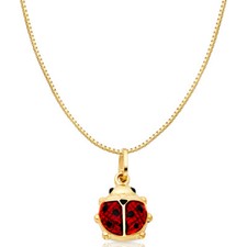 14K Yellow Gold Lady Bug Enamel Lucky Charm Pendant  0.8mm Box Chain Necklace