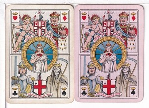 Two Single Playing Cards, English "Worshipful 1898", Love, Wealth, Strife, Death