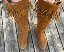 Vintage Moccasins Fringe Boots Suede Leather Western Bohemian size Women's 7