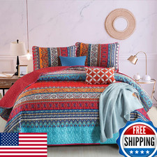 Wongs Bedding Boho Quilt Set King Size Bohemian Red Christmas Stripe 3 Pieces