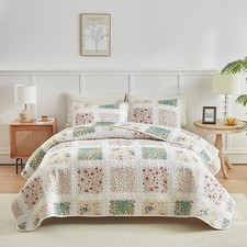 Patchwork Quilt Set Queen Full Size 88x88 3 PC Floral Style with Red Blue Orange