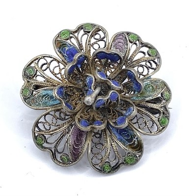 Vintage Antique 835 Sterling Silver Enamel Filigree Openwork Flower Brooch Pin