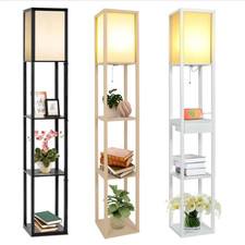 Lampada Salotto da Terra Pavimento in Legno con Scaffale Presa E27 Multicolore