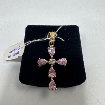 Gold Over Sterling Silver Pink Gemstone Easter Cross Pendant Hallmarked CL 925