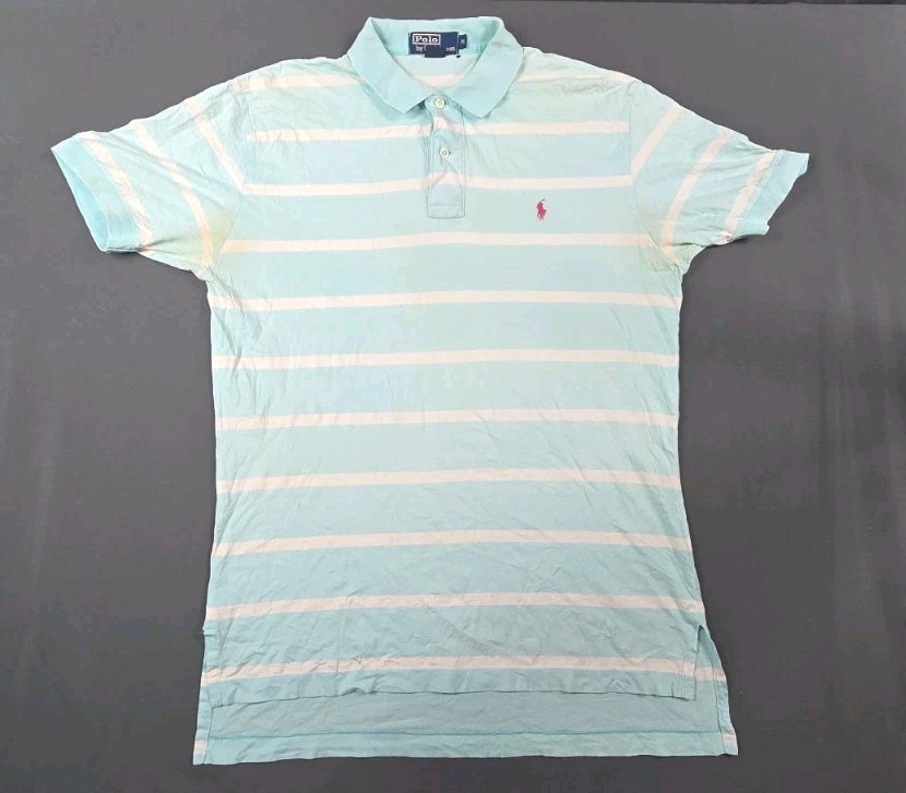 Vintage Polo Ralph Lauren Polo Shirt Men Medium Light Blue Striped Cotton Tennis