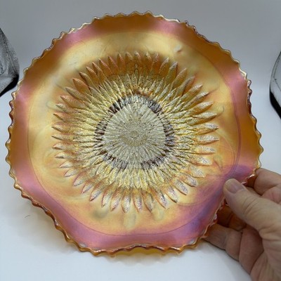 Northwood Pumpkin Marigold Sunflower Spatula Ftd Carnival Glass Bowl 9 