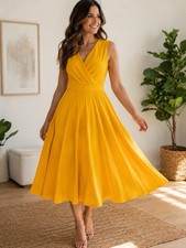 Tahari Yellow Fit & Flare Midi Dress Women Medium Sleeveless Wrap Style
