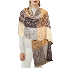 Earth Tone Geometric Letter Jacquard Shawl - Soft Wool Wrap and Scarf