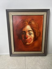 Vtg Original Sad Clown Painting by Artist Signed Framed 56cms x 46cms MCM 1960s