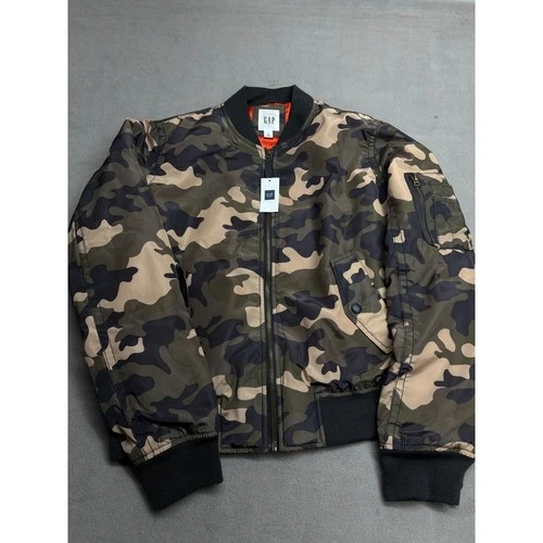 Gap Mens Camo Bomber Jacket Green Brown Camouflage Full Zip Orange Lining M NEW - product listing photo