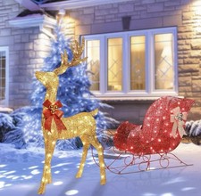 HOYECHI Lighted Christmas Decorations Reindeer & Sleigh 2 Pcs, Light up Christma