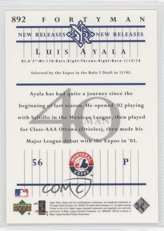 2003 Upper Deck 40 Man New Releases Luis Ayala #892 Rookie RC - Image 2 of 2