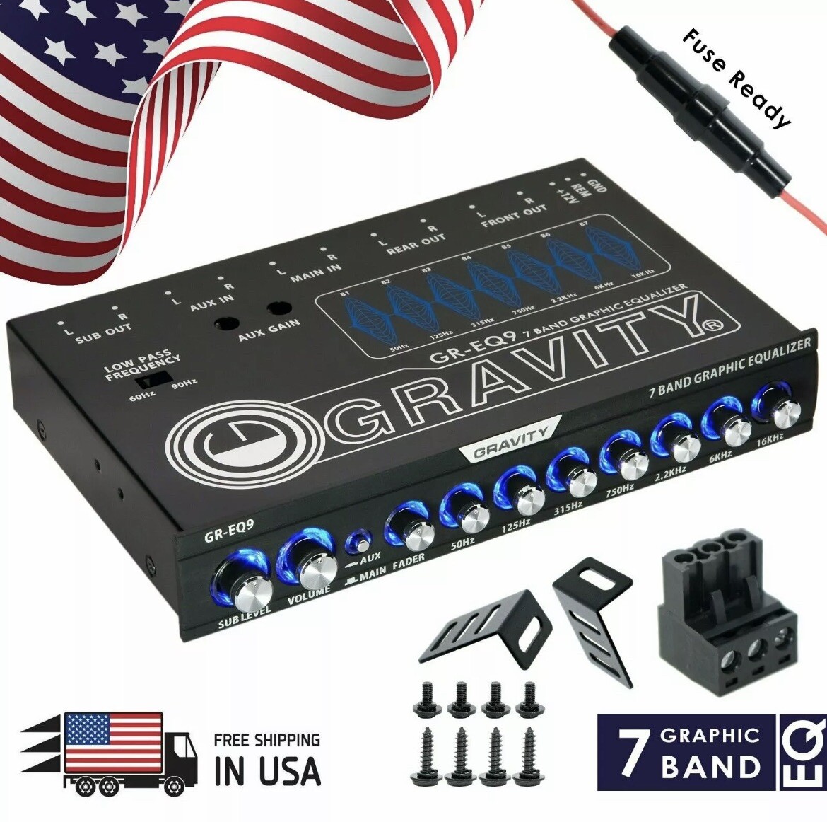 Image 1 - Gravity EQ9 1/2 Din 7 Band Car Audio Equalizer EQ w/ Front, Rear + Sub Output