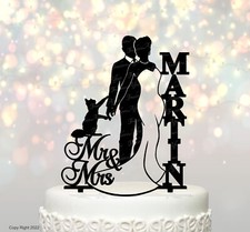 Silhouette Wedding Cake Topper Bride Groom with Pet Cat and Last Name TLA28c