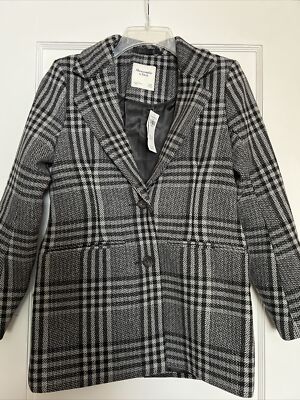 NWT Abercrombie Fitch Black Plaid Wool Blend Blazer Coat Extra