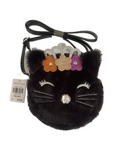 Black Cat Faux Fur Crossbody Purse Zipper Closure, Bling Nose, Embroidered Face