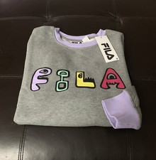 NWT Fila Doodle Crew Fleece Sweatshirt Womens Size Large Gray Lavender Y6