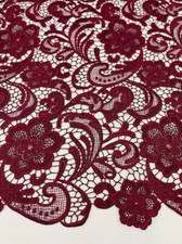 Burgundy Flower Guipure Embroider-Chemical Lace-Dresses-Apparel-Sold By The Yard