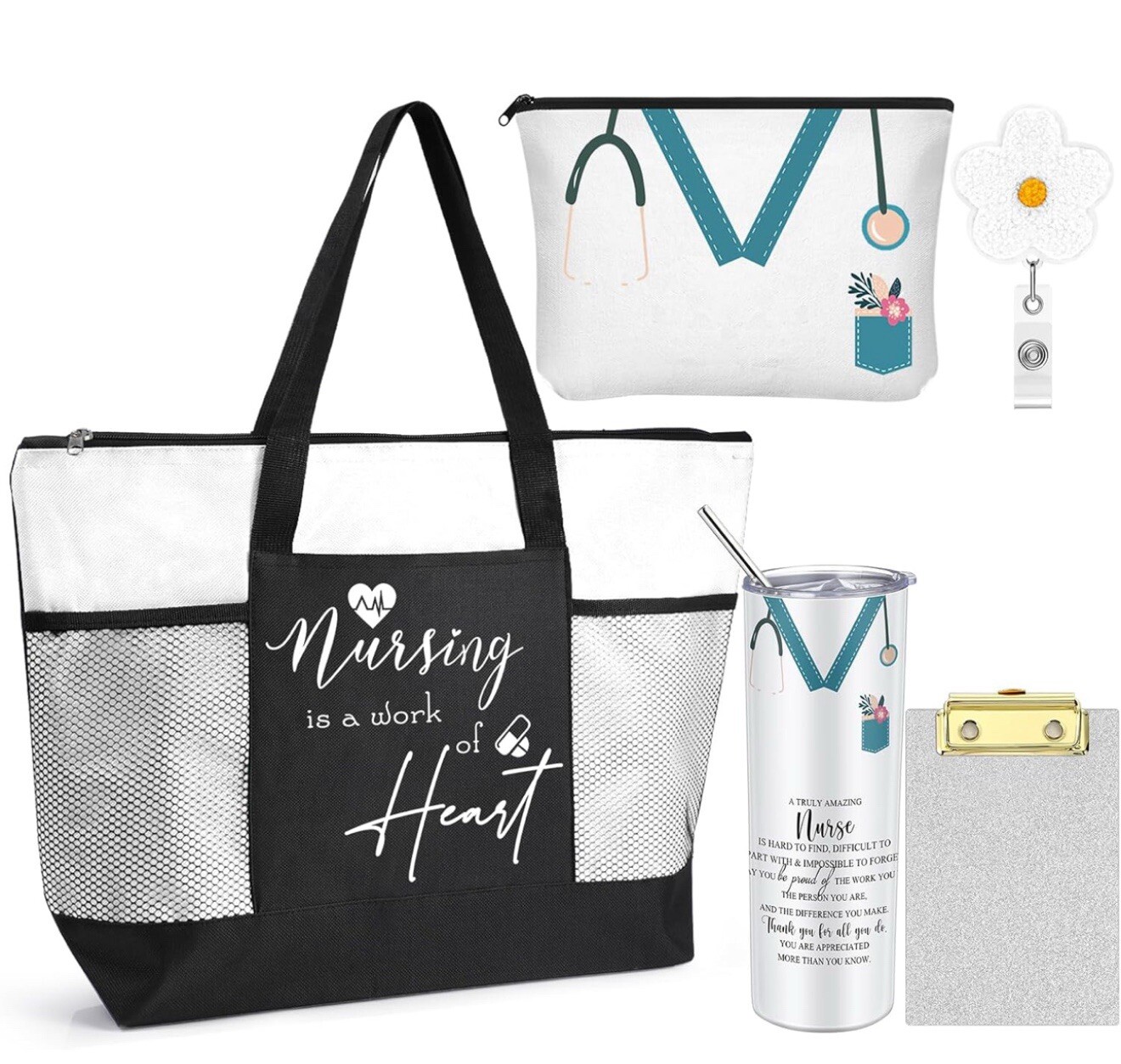 Teal Nurse Appreciation Gift Set with Tumbler Tote Makeup Bag Clipboard Badge Reel-image