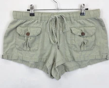 Rewash Linen Blend Short Shorts Women L Olive Drawstring Pockets Elastic Waist
