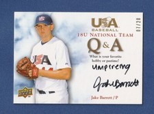JAKE BARRETT 2008-09 USA Baseball AUTO /20 Q&A #18QA-JB Blue Jays Signed Rookie*